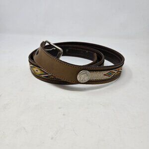 Vintage‎ Leather Belt With Colorful Embroidered Pattern Silver Tone Buckle 46